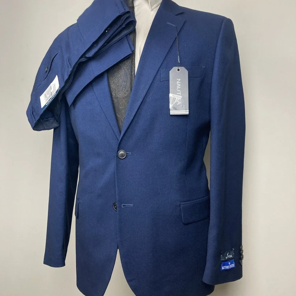 Nautica Men's 2-Pc Suit‎ Blue Birdseye Jacket Blazer 42R Pants 38Wx31L